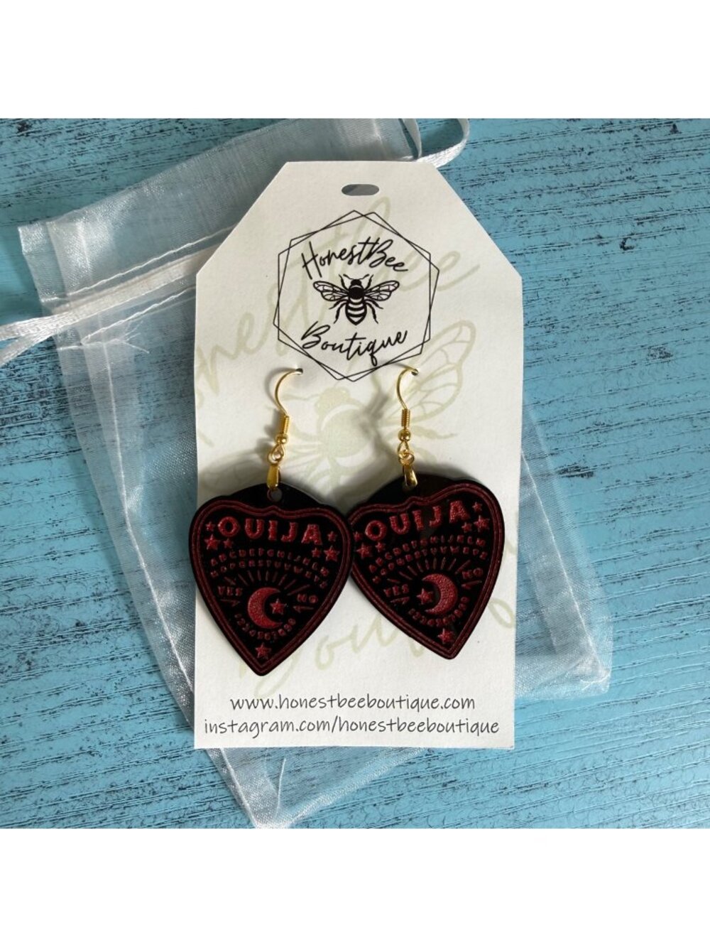 Handmade Jewelry: Wooden Laser Cut Ouija Board Heart Shaped Lightweight Earrings